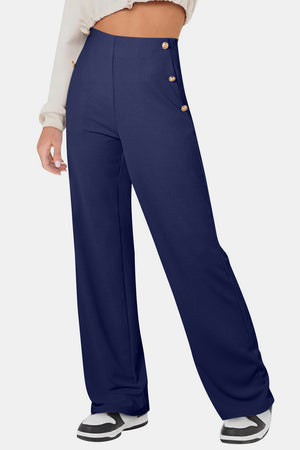 Navy wide leg trousers with button detail and high waist