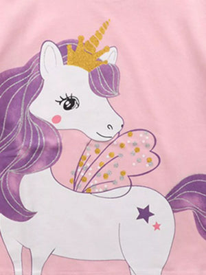 Pink cotton toddler t-shirt with a white unicorn graphic wearing a gold crown and purple mane.