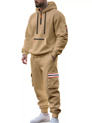 Men's Casual Half-zip Hoodie And Cargo Pants Set in Navy Blue, close-up detail