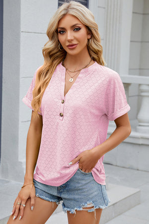 Blush pink textured henley tee with rolled sleeves and button detail
