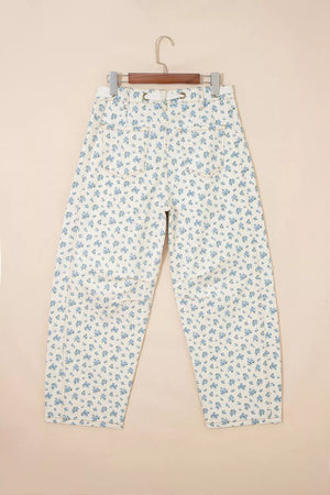 Grommet Knot Waist Floral Barrel Leg Jeans, model styling view