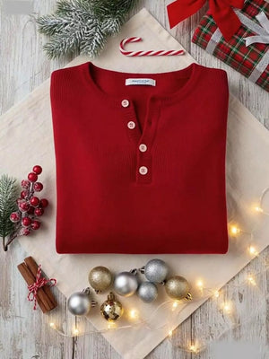Red long-sleeve knit top with button detail