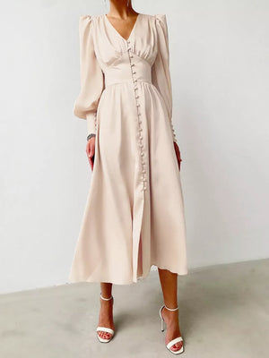 Elegant V-neck Puff Sleeve Button-down Midi Dress in White, model styling view