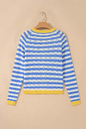 Button-down V-neck Knit Long-sleeve Top in Light Blue, fit detail