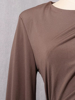 Ruched Long-sleeve Maxi Dress With Cutout in Brown, editorial view