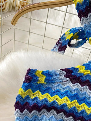 Chevron knit halter crop top and maxi skirt set in blue, yellow, and purple.