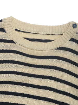 Nautical stripe sweater in pastel yellow with button shoulder detail.