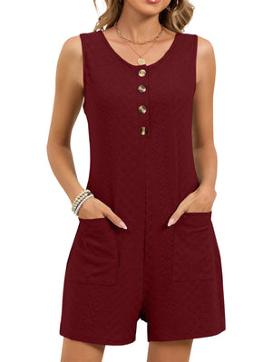 Burgundy sleeveless romper with button front and patch pockets