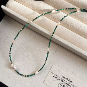 Elegant freshwater pearl and malachite beaded necklace with gold accents
