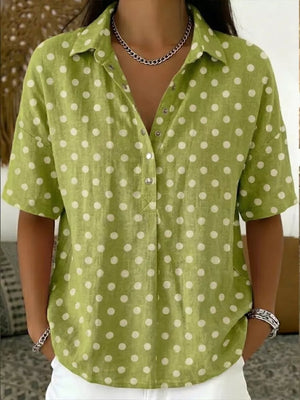 Full Size Polka Dot Short Sleeve Shirt Plus Size, editorial view