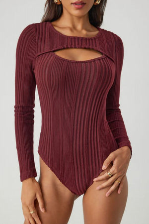 Deep Red ribbed keyhole bodysuit with long sleeves and a scoop neckline.