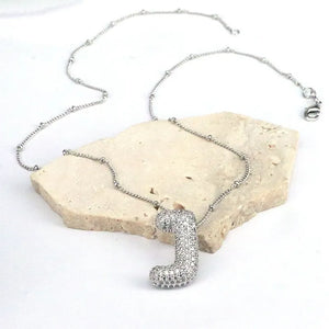 Silver pave initial bubble pendant necklace Style J with beaded chain