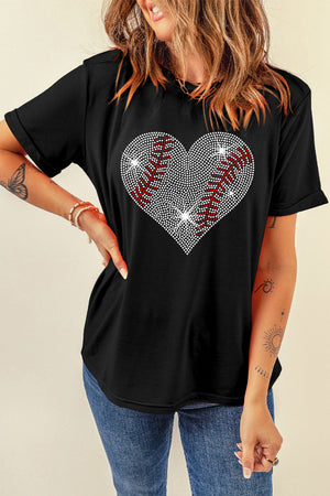 Black cotton t-shirt with rhinestone baseball heart graphic