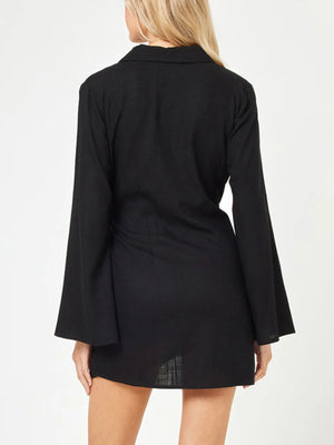 Black cotton blend cover-up dress with long bell sleeves and a collared neckline.