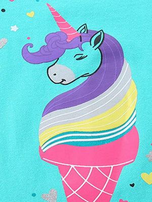 Toddler aqua cotton sleepwear set with a unicorn ice cream cone graphic and scattered hearts.