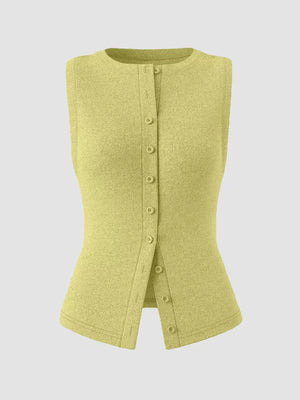Yellow ribbed button-front tank top with a fitted silhouette and crew neckline.