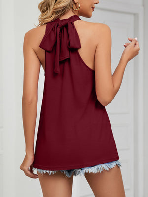 Burgundy cami with ruched high neck and tie back detail