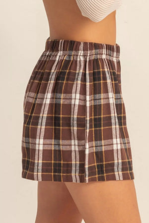 Brown plaid cotton shorts with elastic waist