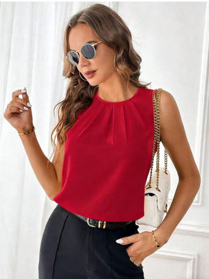 Red sleeveless tank top with pleated neckline detail