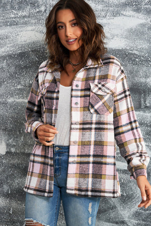 Soft plaid shacket in pink with buttoned patch pockets and collared neckline.