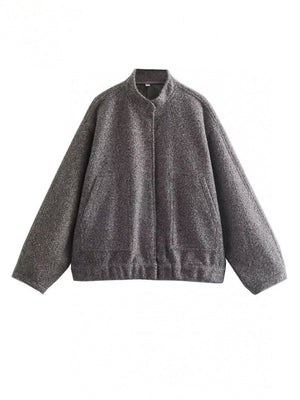 Dark Gray Bouclé Cocoon Jacket with snap closure and stand collar.