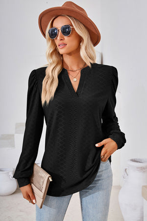 Black textured puff sleeve henley blouse with V-neck and long sleeves