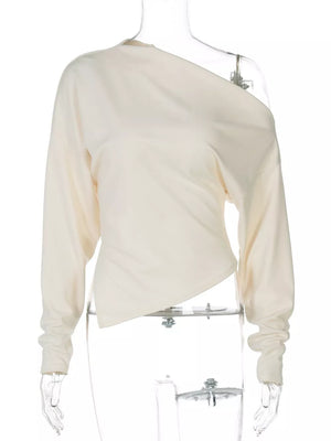 Apricot draped asymmetrical off-shoulder t-shirt with long sleeves and a casual cut.