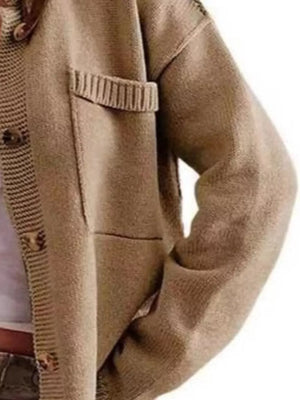 Brown knit cardigan with button front and ribbed patch pocket detail.