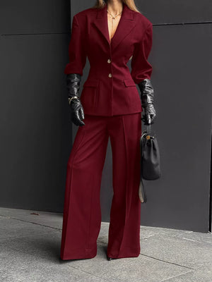 Single-breasted Blazer And Wide-leg Pants Set in Black, front view