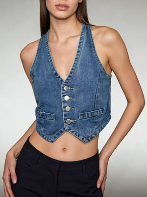 Light blue denim cropped vest with button-down front and V-neck