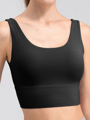 Black performance crop top with scoop neck and wide band