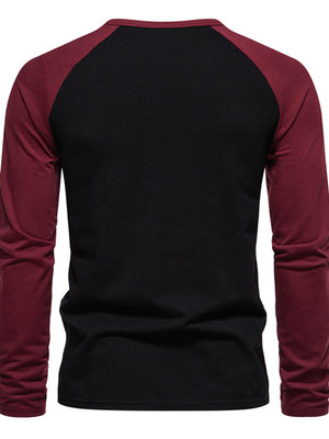Men's black and wine red long sleeve t-shirt with raglan sleeves.