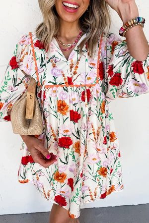 Floral Print 3/4 Puff Sleeve Mini Dress in Floral, front view