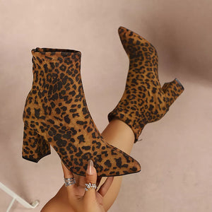 Point Toe Block Heel Ankle Boots in Black, close-up detail