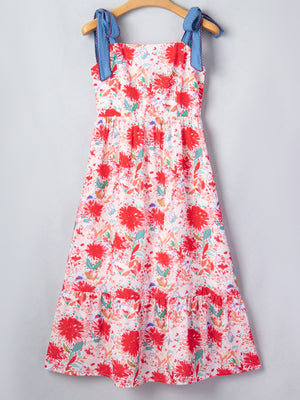 Floral print midi dress with tie shoulders and tiered hem