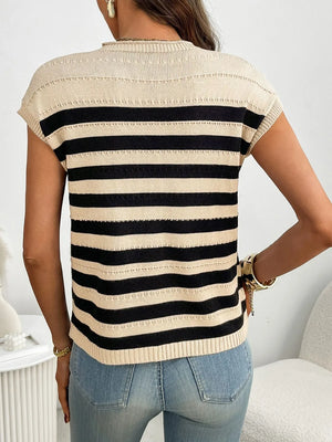 Striped knit t-shirt in beige and black with short sleeves and a crew neck.
