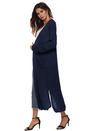 Longline dark blue knit cardigan with side slits and pockets