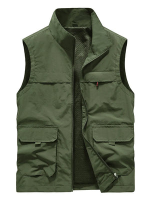 Army green utility vest for men with multiple pockets and a stand-up collar.