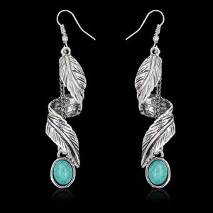 Silver feather cascade drop earrings with turquoise oval stone