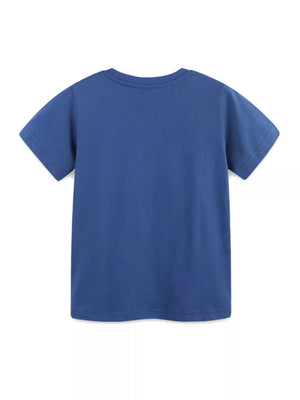 Blue cotton crew neck t-shirt with short sleeves.