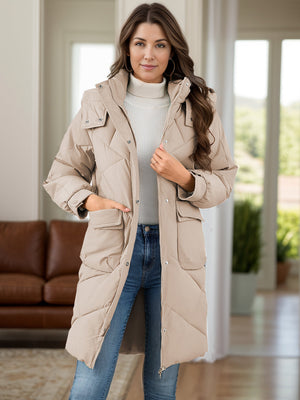 Khaki diamond quilted hooded puffer coat with snap pockets and zip front.