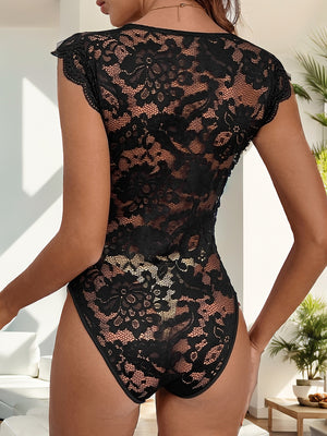 Black lace bodysuit with scalloped cap sleeves and sheer floral panels.