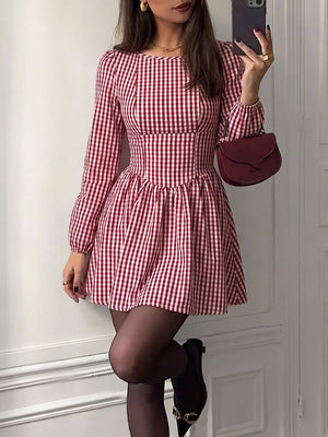 Backless Plaid Long Sleeve Mini Dress, model styling view