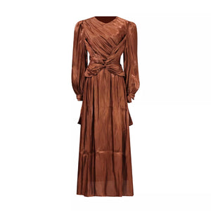 Brown twisted draped maxi dress with ruched bodice and long sleeves