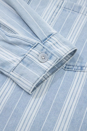 Denim shacket with white vertical stripes, button cuff detail, and chest pocket.