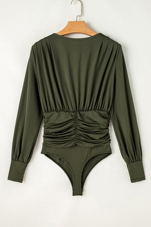 Army green long sleeve bodysuit with draped bodice and ruched waist detail