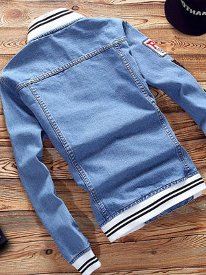 Men's Slim Fit Button-up Denim Jacket Plus Size in Blue, side view