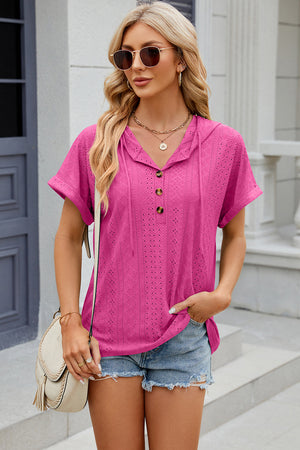 Hot Pink perforated henley hooded tee with short sleeves and button detail