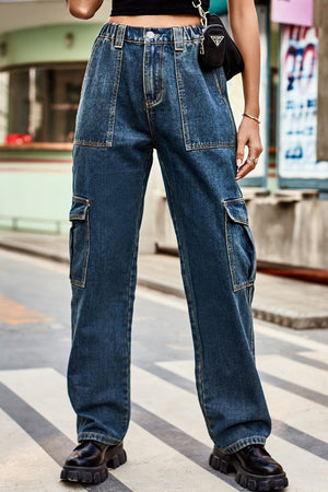 Relaxed fit dark wash denim cargo pants with multiple pockets and a comfortable casual style.