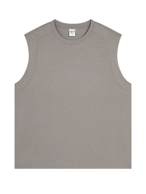 Sleeveless shoulder-seam tank top in gray with a crew neckline.